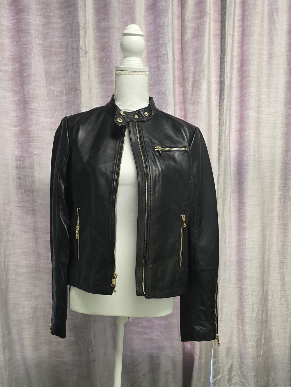 Lauren Ralph Lauren Black Faux Leather Moto Biker Jacket Size M Gold Zipper
